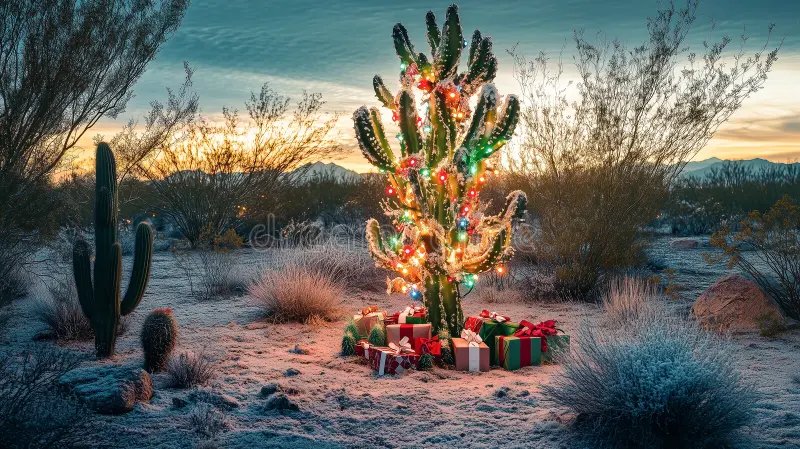 A saguaro cactus in the desert, decorated with christmas lights with a mass of wrapped presents underneath it.