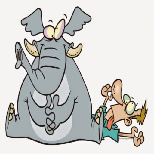 A cartoon image of an elephant sitting on a man's chest, depicting the crushing chest pain of a heart attack.