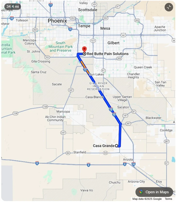 Casa-Grande-to-Red-Butte-Pain-Map Map showing the route from Casa Grande to Red Butte Pain Solutions