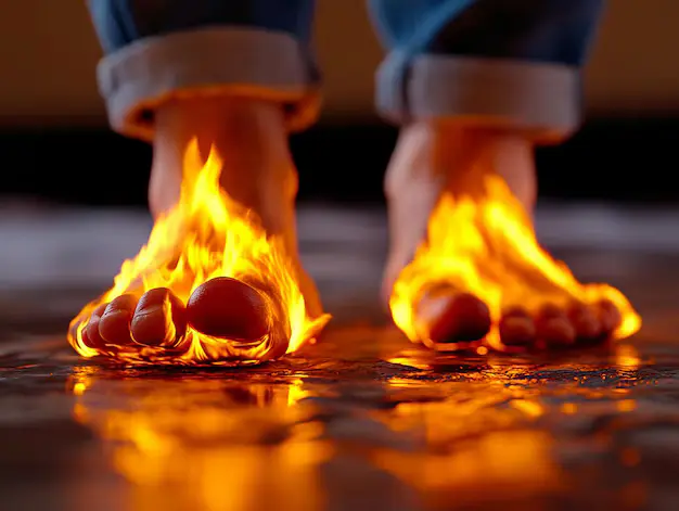 Image of a man with peripheral neuropathy tat demonstrates the feeling of nerve pain in cancer by depicting his feet as being on fire