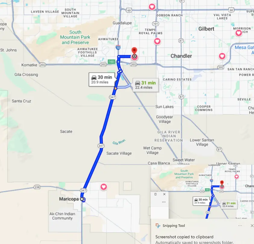 map-maricopa-to-chandler-kyphoplasty Map showing route from Maricopa, AZ to Red Butte Pain Solutions in Chandler