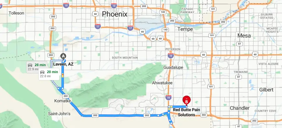 Map showing easy access to kyphoplasty in Laveen from major highways and surface streets