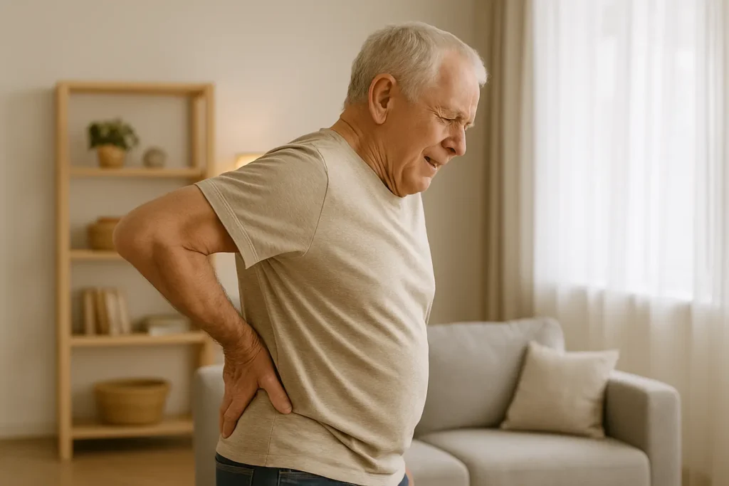 Older adult holding back in pain due to middle back bone pain at home